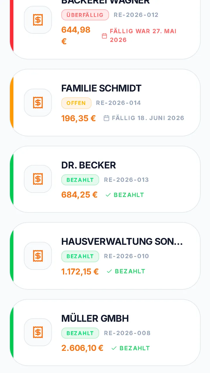 Rechnungsübersicht: offen, überfällig, bezahlt